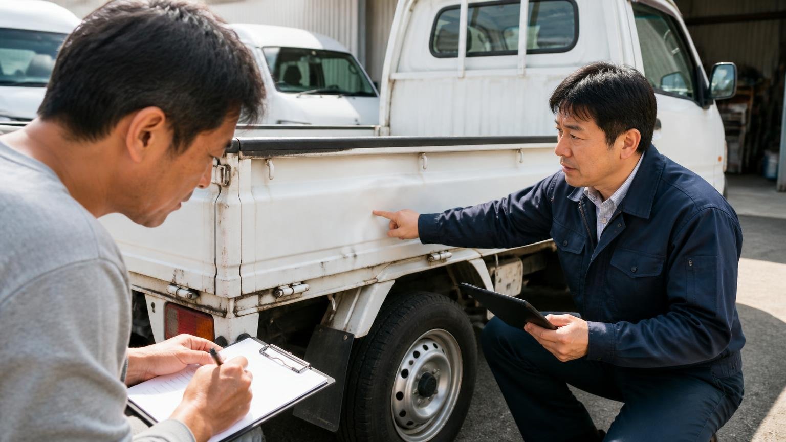 電話の概算と現車査定の差を防ぐ「減額条件」の確認、車庫で査定員が荷台のへこみを指さし所有者の男性が書面にメモする屋外の2人