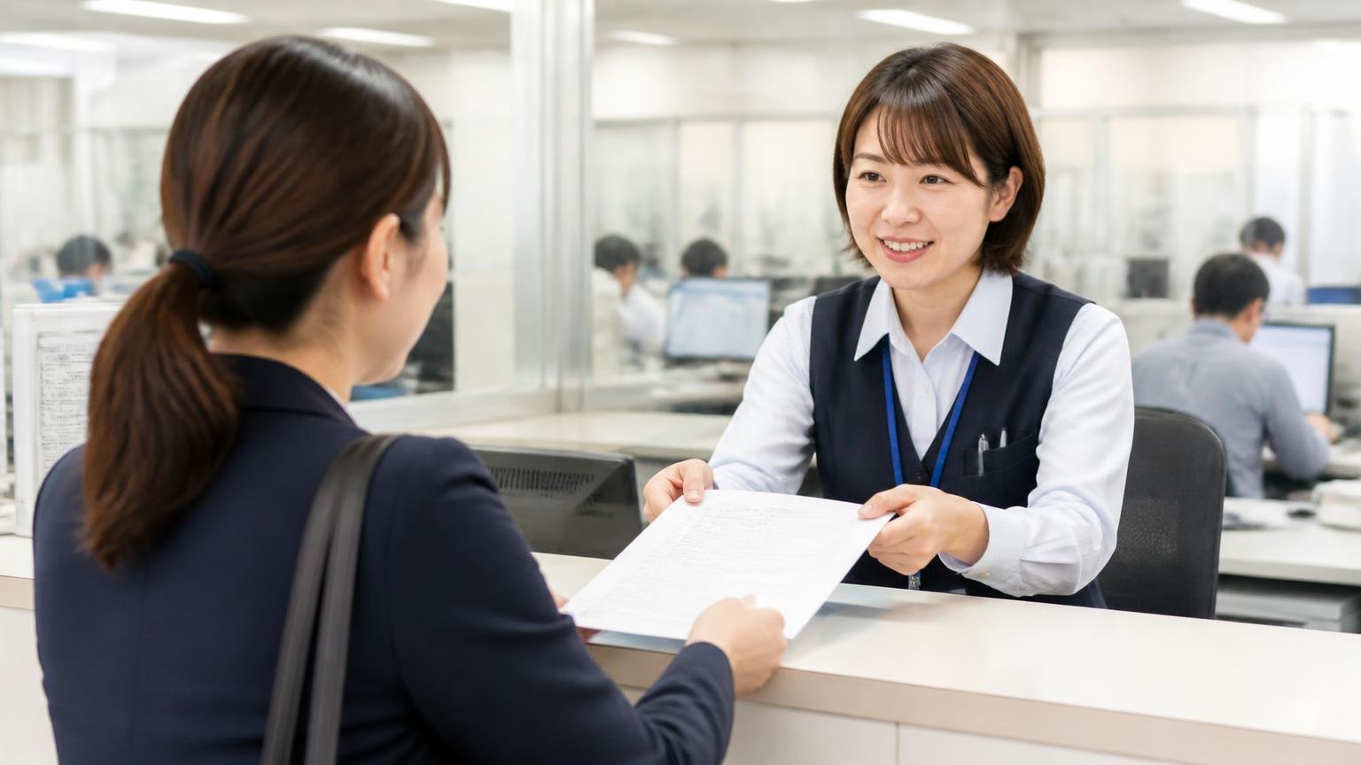 自動車税・リサイクル料金の扱いは運輸支局と業者に確認。運輸支局の窓口で書類を受け取る運送会社の事務担当の女性1人
