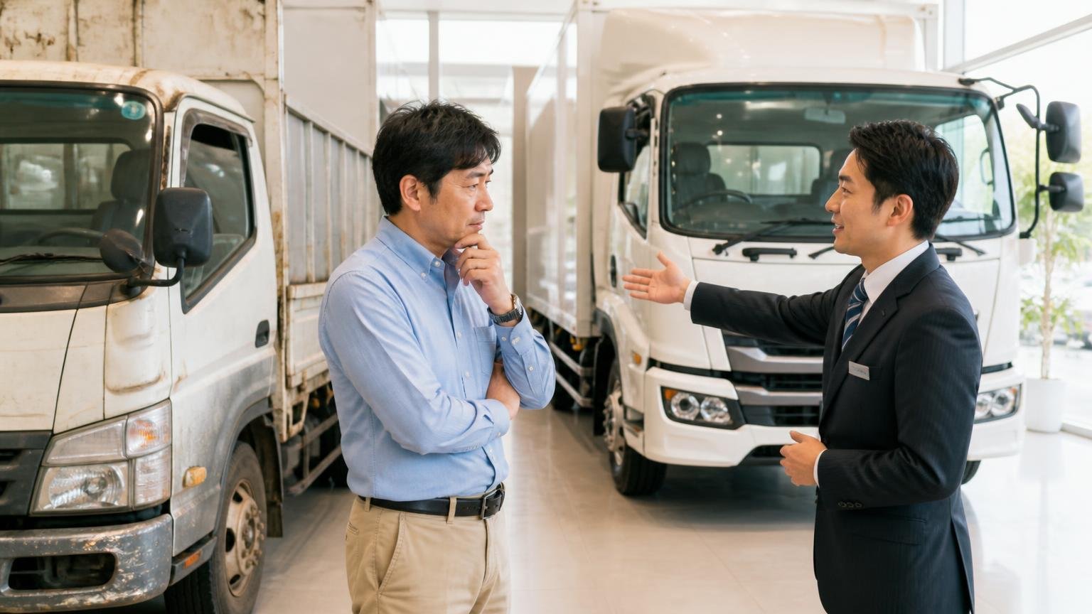 ディーラー下取りや一括査定も選択肢に残す、新車ディーラーの店頭で新しいトラックと古いトラックを見比べて相談する経営者の男性1人と営業担当の男性1人