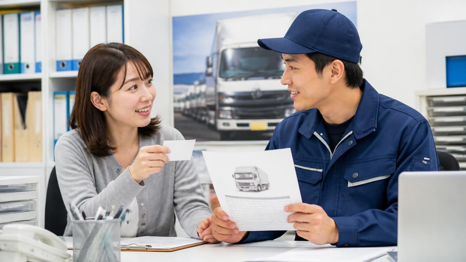 よくある質問 運送会社の事務所で質問カードとトラックの見積書を手に話し合う事務員と若手ドライバーの2人が納得の表情