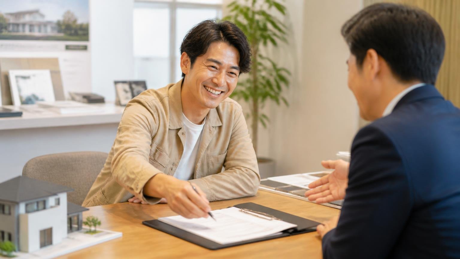 対応が丁寧だったで1社に決めて金額を比べない|展示場で営業担当と談笑しその場で契約書に手を伸ばす男性客1人