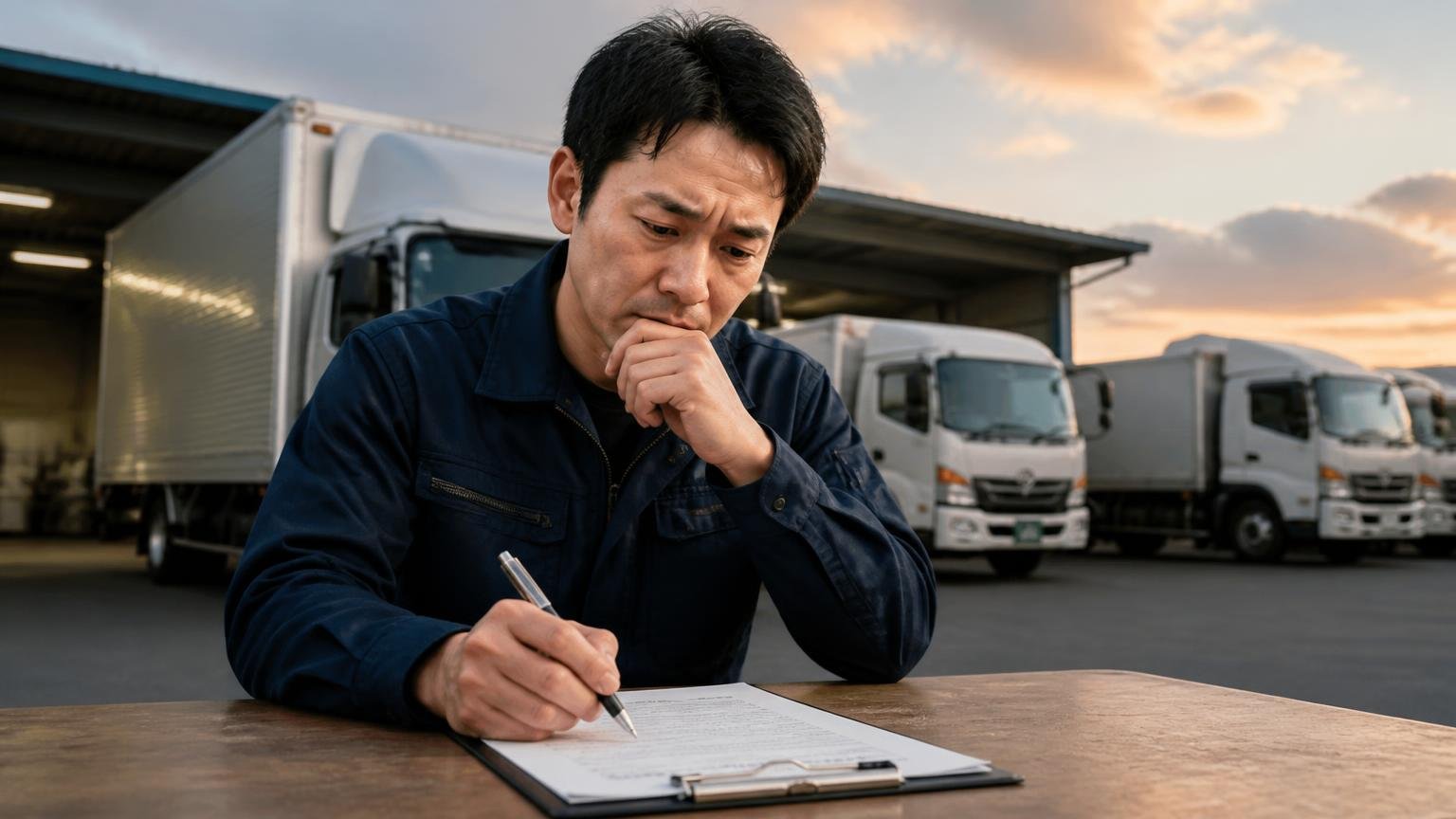 1社で決める前に迷う。夕方の営業所の車庫でトラックを背に、契約書にペンを近づけた男性の手が止まる