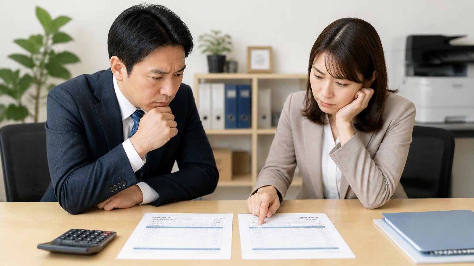 査定額を横に並べて比べる場面。事務所の机に見積書を2枚並べて見比べる男女2人が真剣な表情