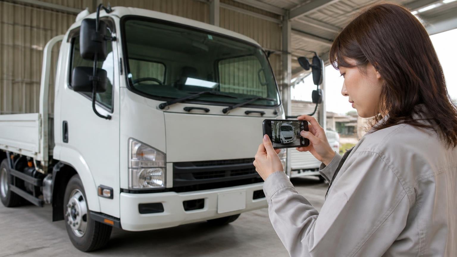 LINEで写真を送るだけという選択肢 車庫でトラックの左斜め前をスマホで撮影する場面 女性1人 集中した表情