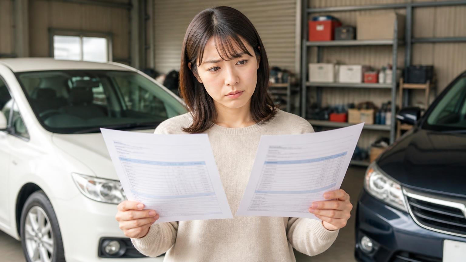 評判の良い業者が高く買う業者ではない。車庫で2枚の見積書を見比べる女性1人が真剣な表情