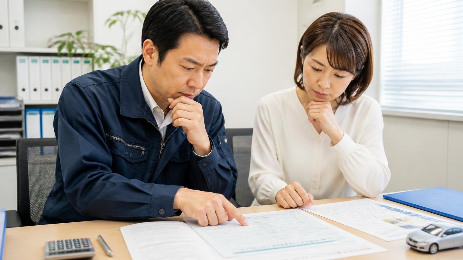 名義変更の時期・自動車税・リサイクル料金の扱いは必ず確認を、事務所で車検証と書類を広げて確認する男女2人