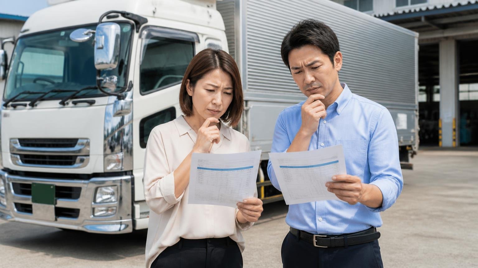 売りたい人は「パークトラック1社だけ」で決めない方がいい理由 営業所の車庫の4tウイングの前で2枚の見積書を見比べる男女2人