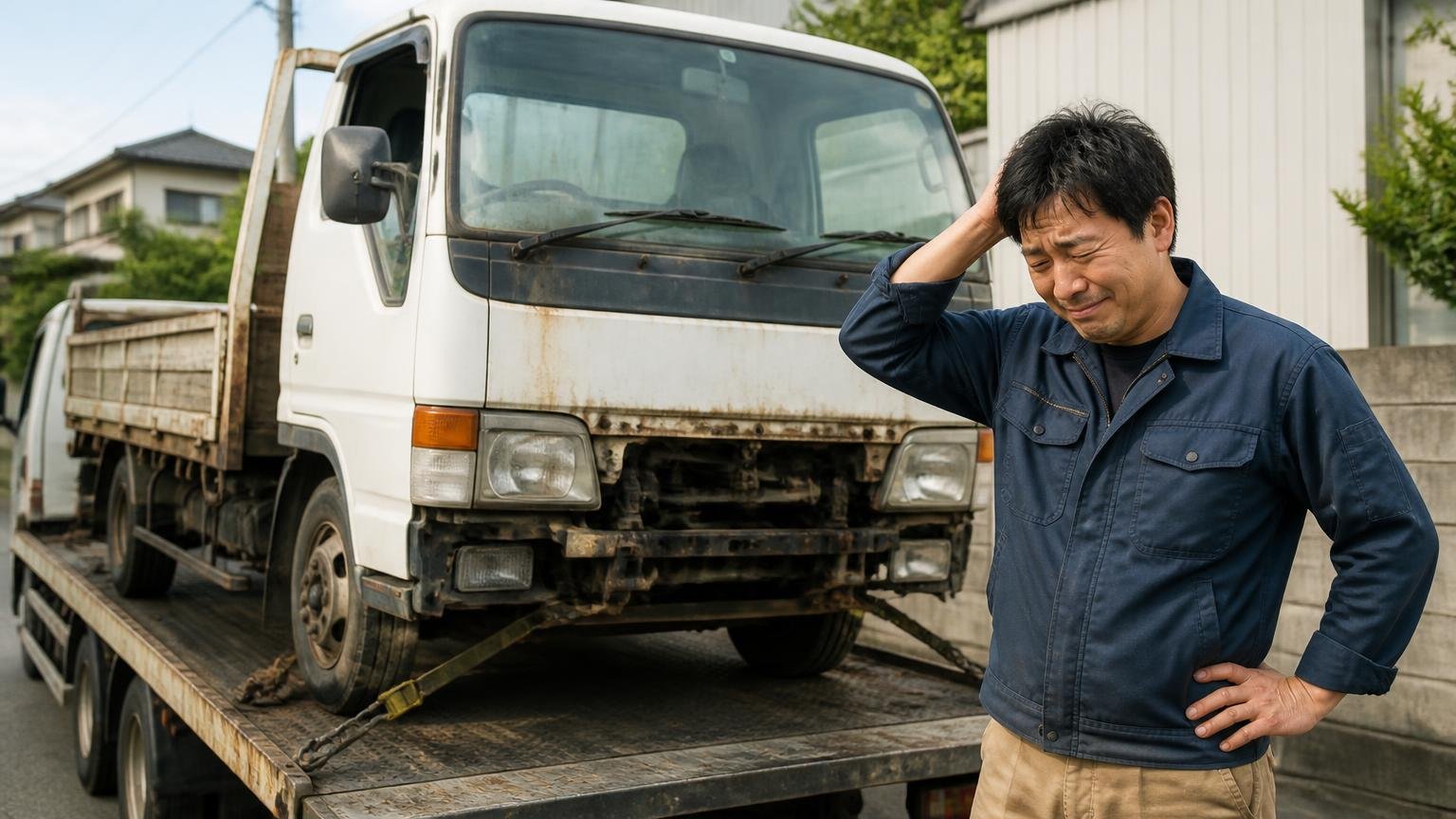 ローン残債・不動車・架装の状態は最初に正直に伝える(積車に載せられる動かないトラックの前で、持ち主の男性が頭をかいて苦笑いする)