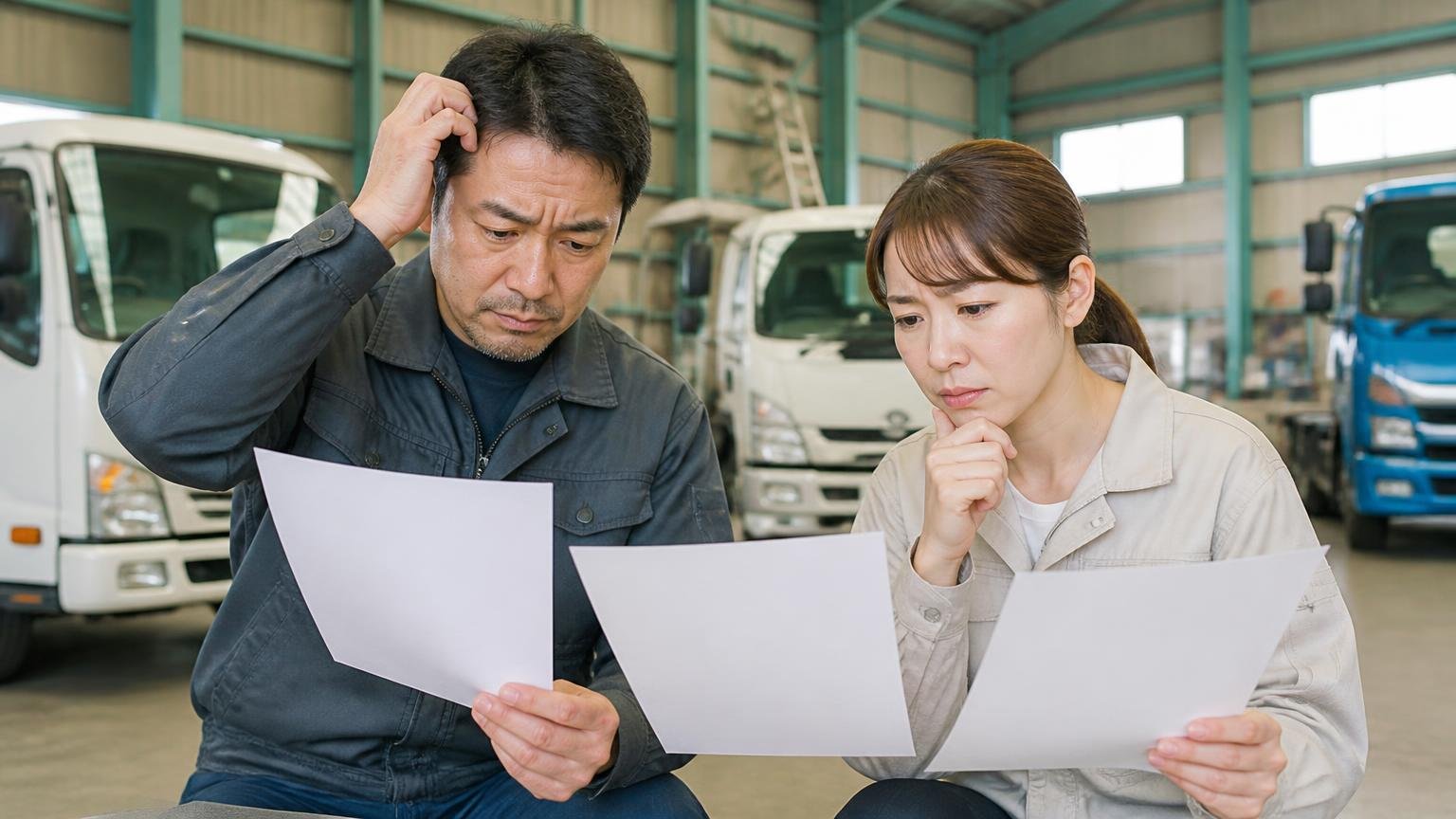 アクセルトラックの金額を確かめたい人が、比べる相手に選んでいるトラック買取業者3選、車庫で3枚の見積書を見比べる40代男性と30代女性2人