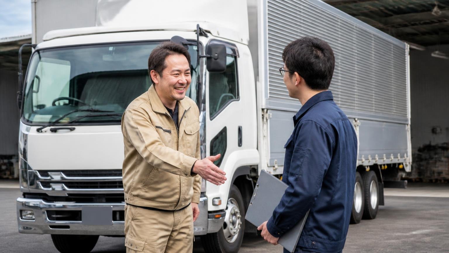 評判の良い1社の言い値で決めてしまう、営業所の車庫に停まった4tウイングの前、査定士とオーナーの2人、オーナーが即決で握手しようとする