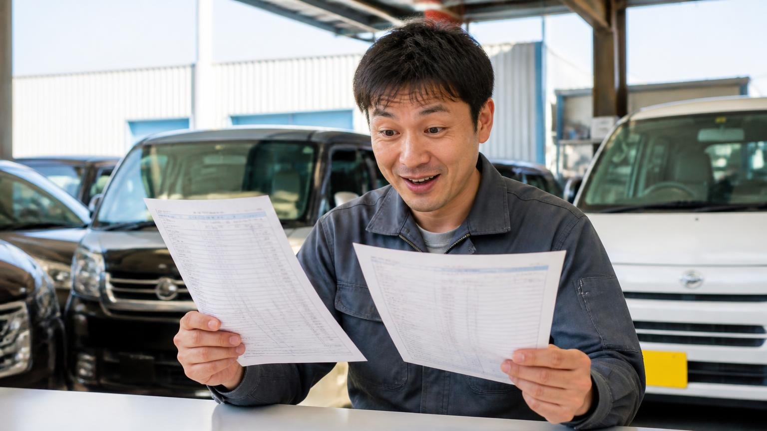上野自動車の査定額が妥当か確かめたい人が、比較相手に選んでいる買取業者、営業所の車庫で2枚の見積書を見比べ明るい表情になる作業着の男性1人