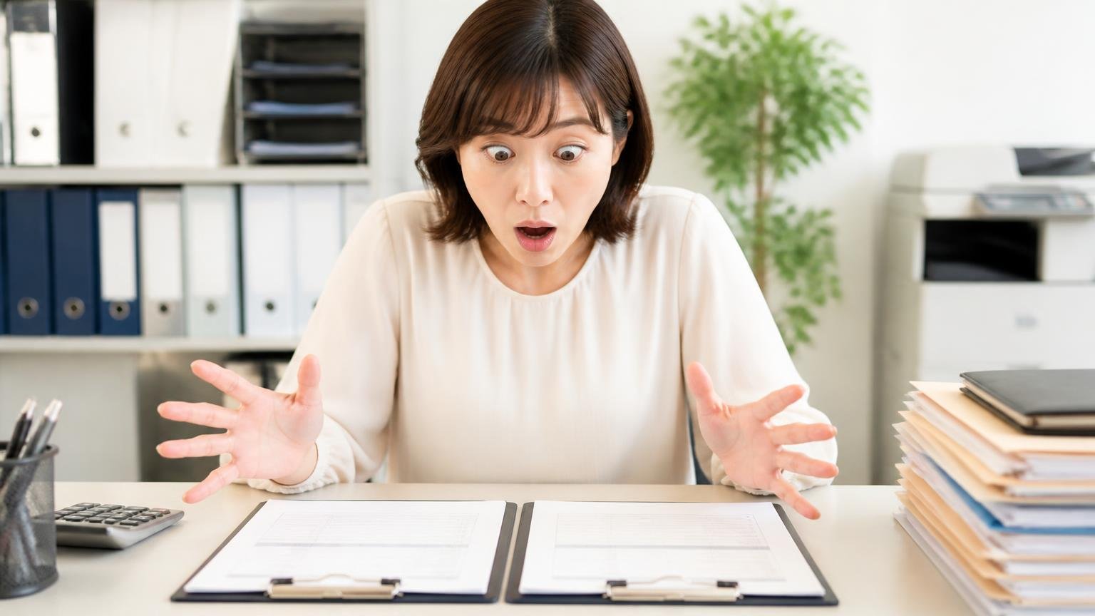 分かれ目は比べる相手がいるかどうか。事務所の机に2枚の見積書を並べて見比べる女性1人が目を見開く