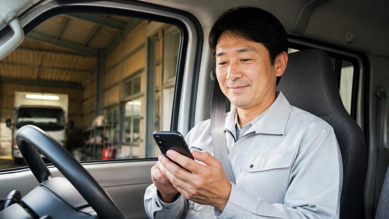 営業電話が心配 早朝の車庫で運転席に座りスマホを操作する男性1人 ほっとした表情