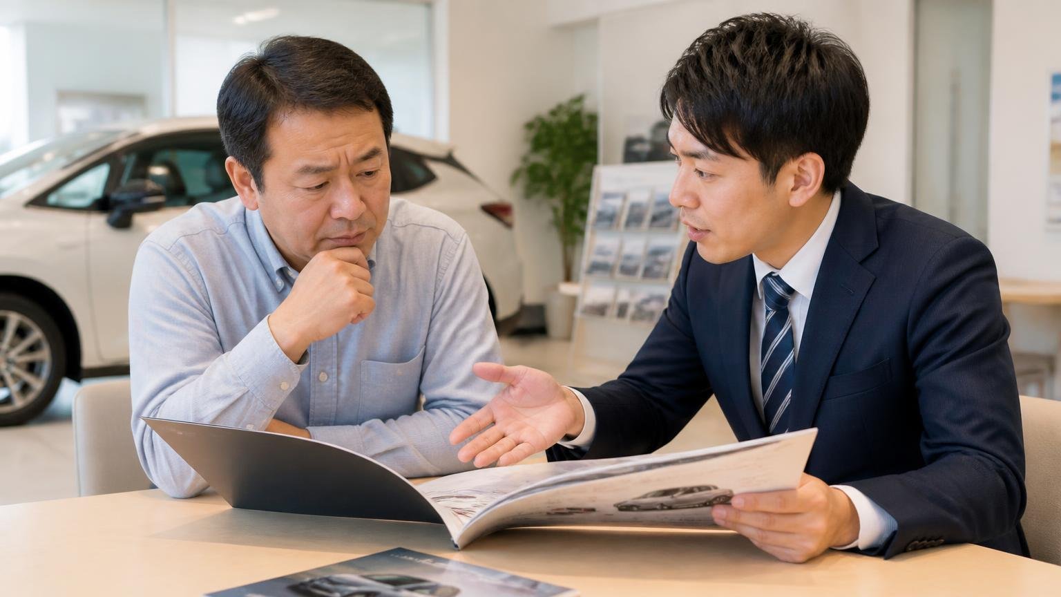 ディーラー下取り・一括査定との使い分け。ディーラーの商談席で新車のカタログを広げて話す2人の場面