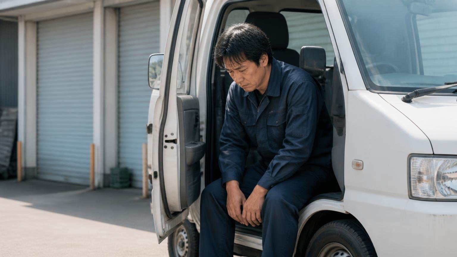 業者名を変えても同じ失敗を繰り返す人の共通点 早朝の車庫で運転席のドアを開けたまま肩を落とす男性1人