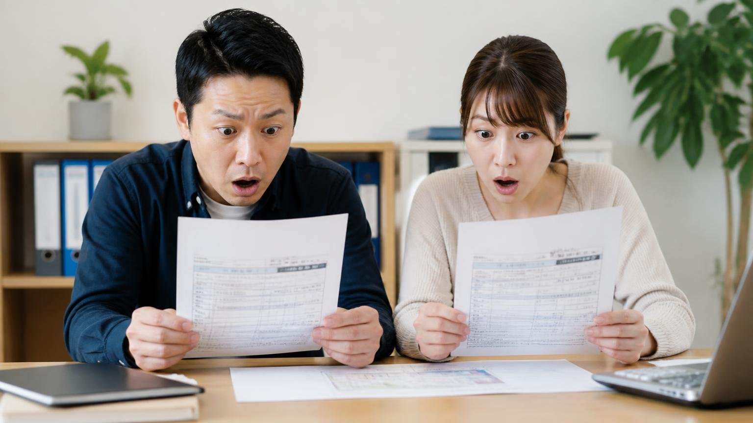 査定額が妥当か確かめたい人の比較相手・事務所で2社の見積書を並べる男女2人が驚く