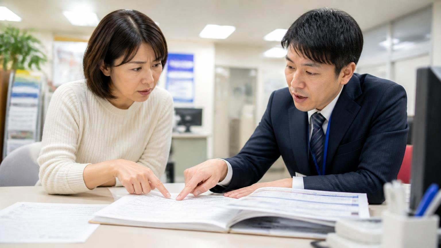 名義変更・税金・リサイクル料金は必ず確認を 事務所の窓口で書類の束を確認する女性1人と担当者1人、念入りに指さし確認