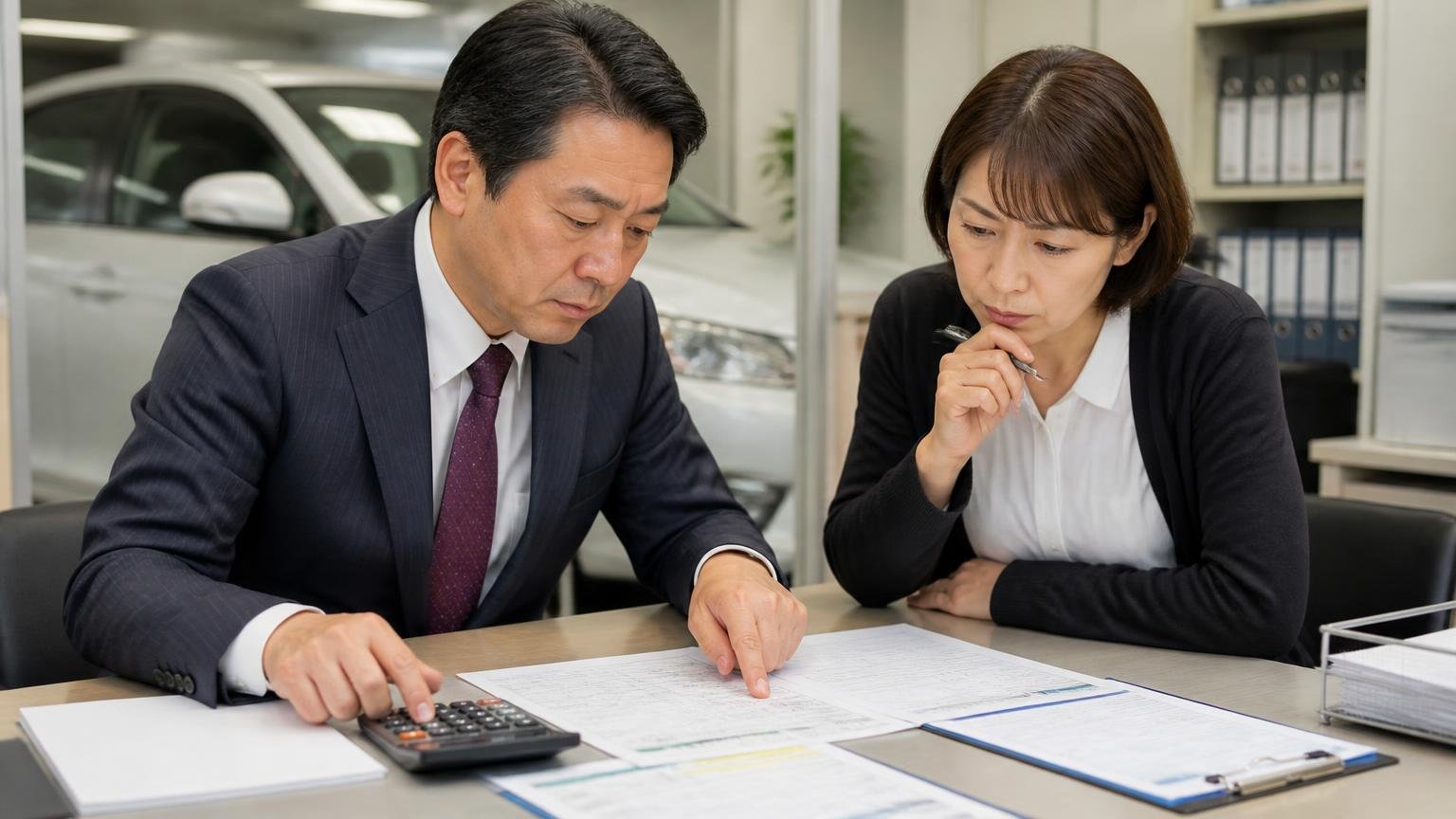 名義変更15日以内・自動車税・自賠責・リサイクル料金｜見積書でここを見る、事務所で見積書を指さしながら電卓を叩く社長と事務員の2人、真剣