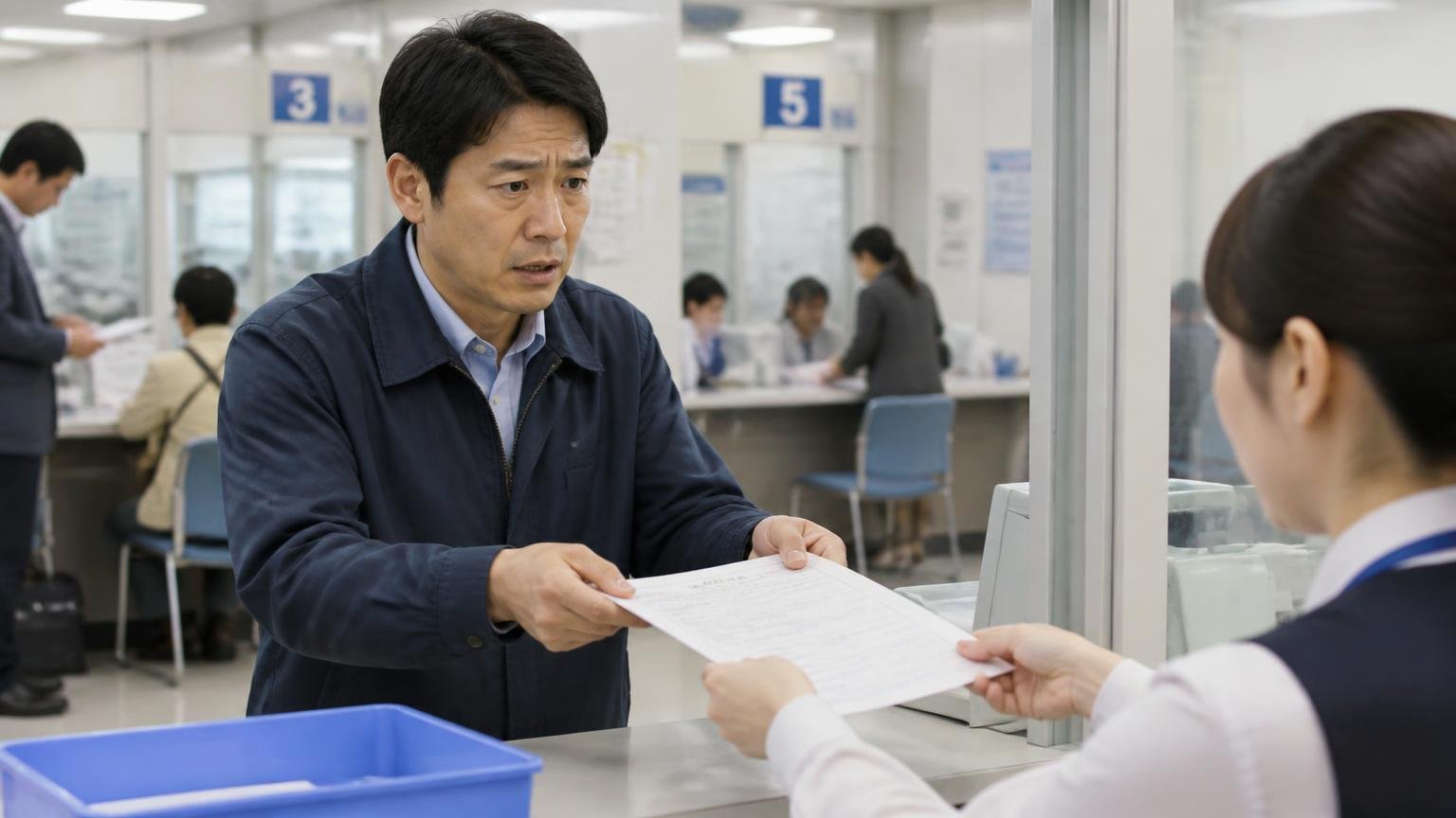 契約前に名義変更の期限と自動車税の扱いを確認する、運輸支局の窓口で書類を提出する40代男性1人、緊張した表情