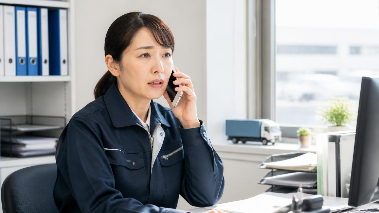 困ったときの相談先｜消費者ホットライン188・JPUC車売却消費者相談室。事務所の窓際でスマホを耳に当てて相談する運送会社の女性1人