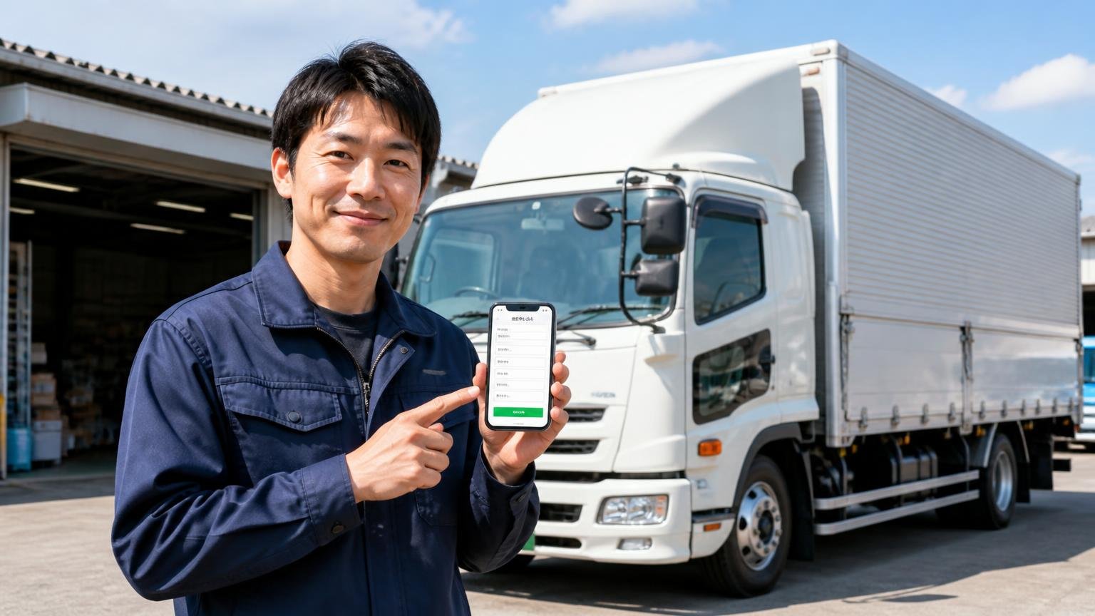 比べる相手となるトラック買取業者を選ぶ、営業所の車庫で4tウイングの前に立ちスマホで査定申込画面を開く男性ドライバー1人が前向きな表情