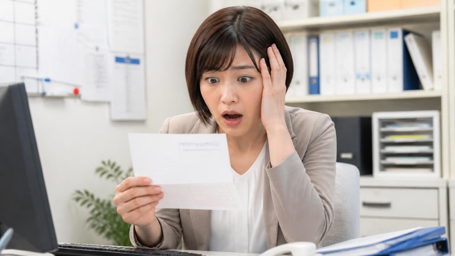 名義変更・自動車税・リサイクル料金の扱いを確認せずに引き渡す|事務所に届いた納税通知書を手に驚く30代女性1人