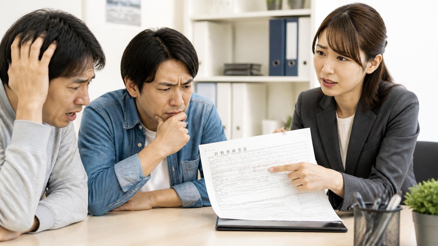 急いで現金化したい人とローンが残っている人、事務所で車検証の所有者欄を指さす女性1人が不安そうな表情を浮かべる