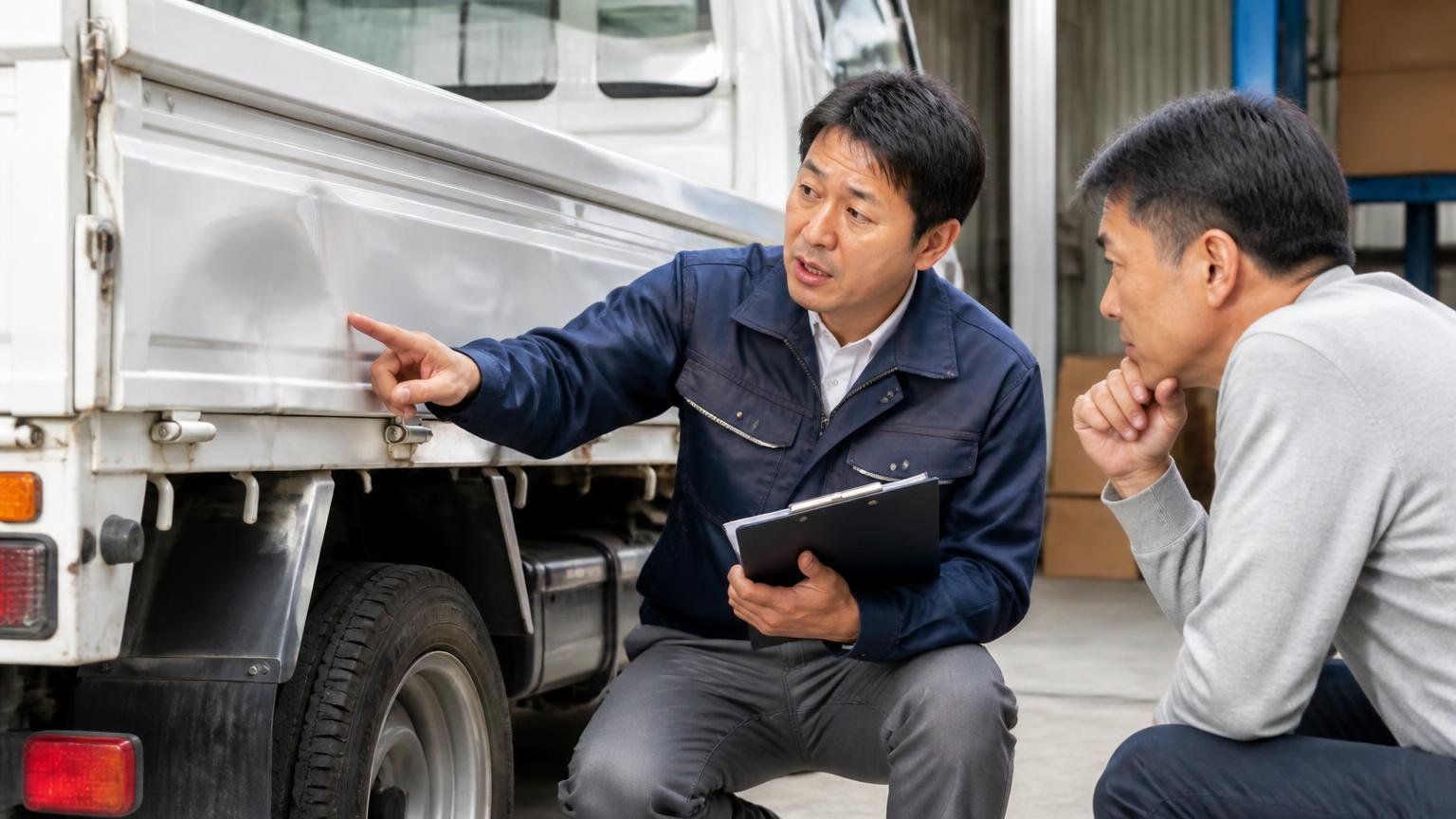 減額の条件と入金のタイミングは契約前に聞いておく。車庫でトラックの荷台のへこみを指さして説明する査定員1人と聞く男性1人