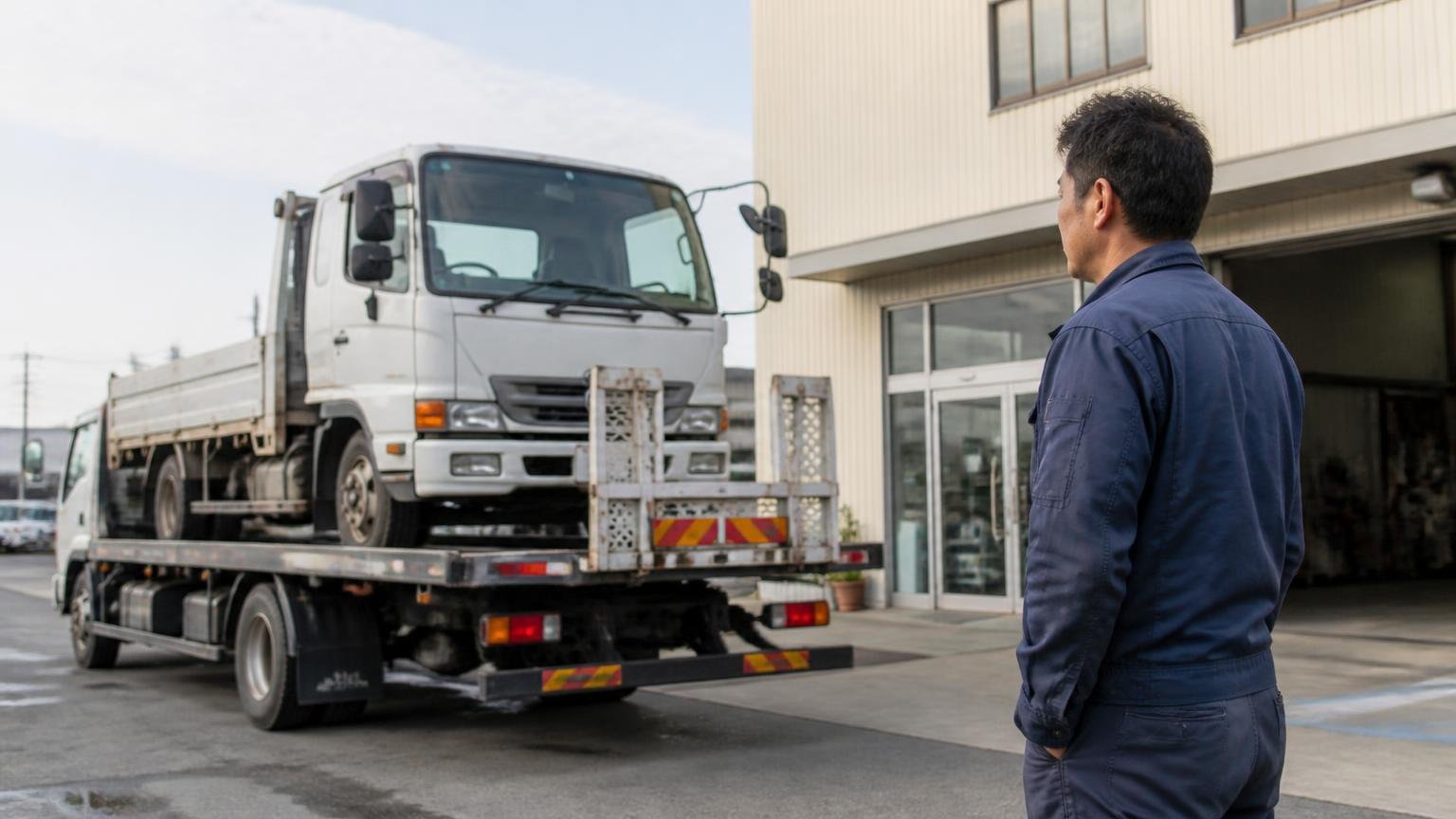 引き渡し後に確認すること|名義変更は15日以内、完了の書面をもらう 積車に載せられて出ていく4tトラックを営業所の前で見送るドライバー1人が少し寂しそうな表情