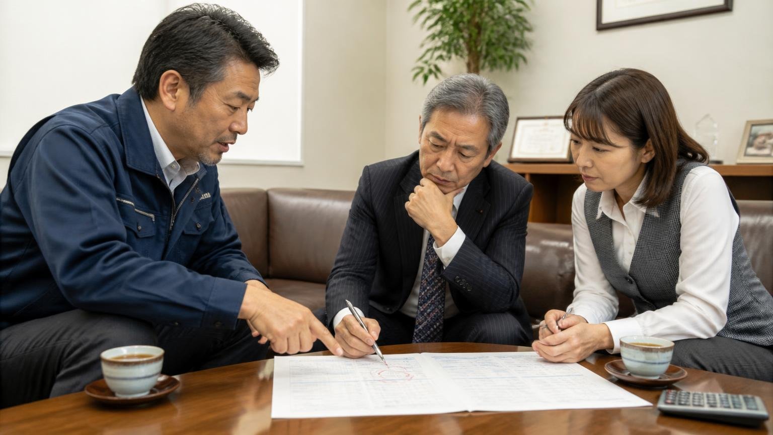 自賠責とリサイクル料金は見積書でどう扱われているか確認 事務所の応接で査定員の説明を聞き、見積書に印をつける社長と女性事務員
