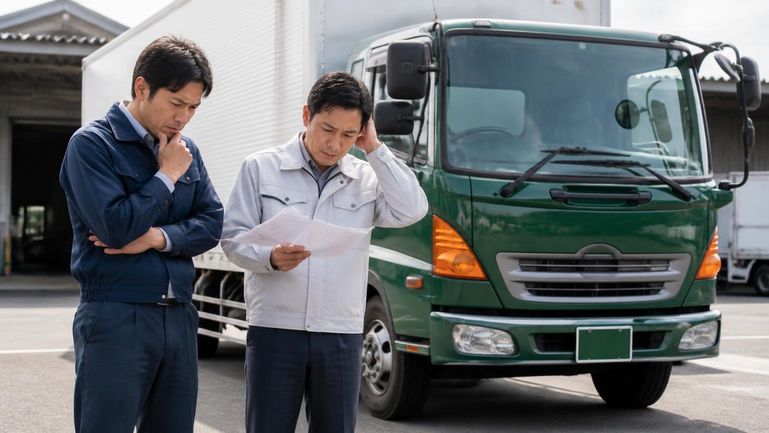 ローン中・緑ナンバーのトラックは手続きが増える 営業所の車庫に停めた緑ナンバーの4tトラックの前で書類を見て悩む男性2人