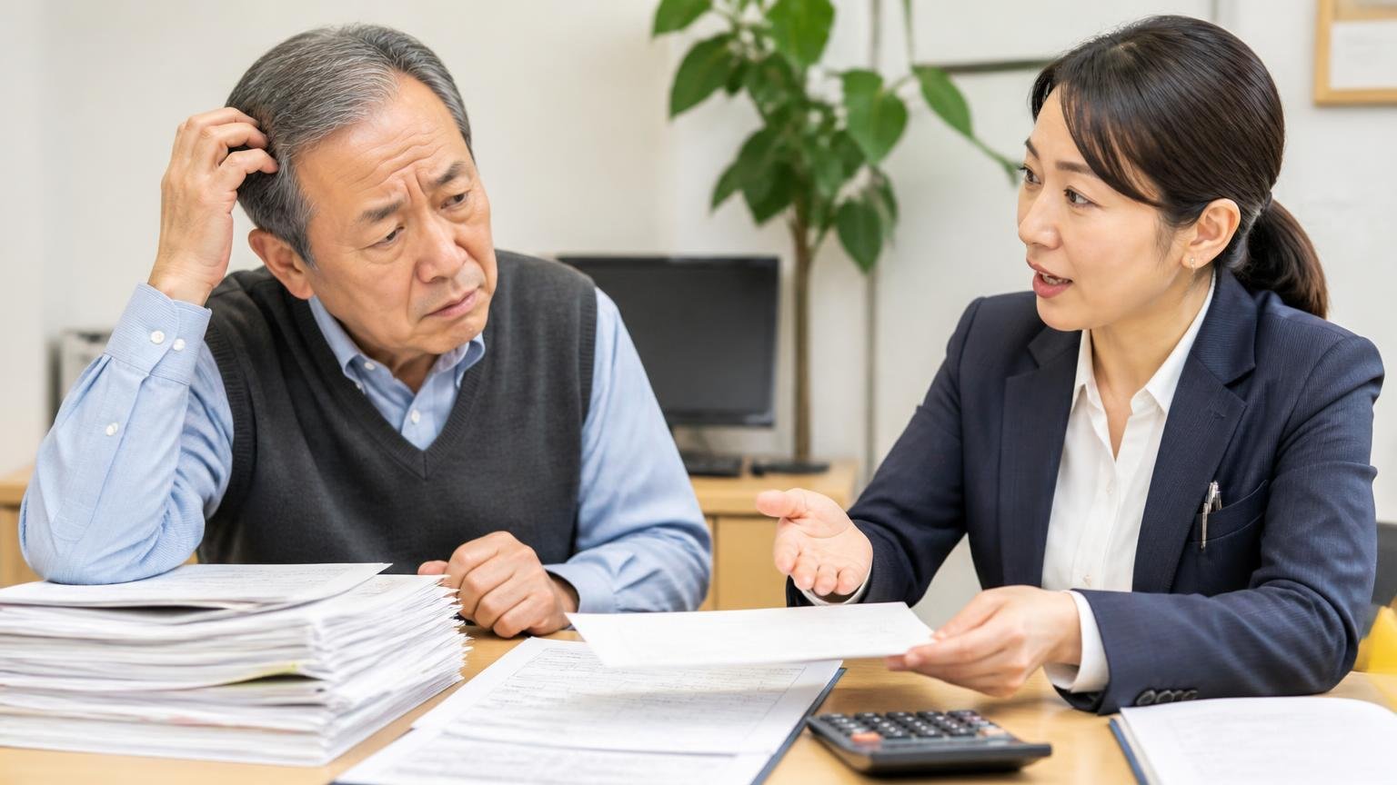 自動車税・自賠責・リサイクル料金・重量税はどうなる？｜事務所で書類の束と電卓を前に、首をかしげる年配の男性と説明する女性事務員