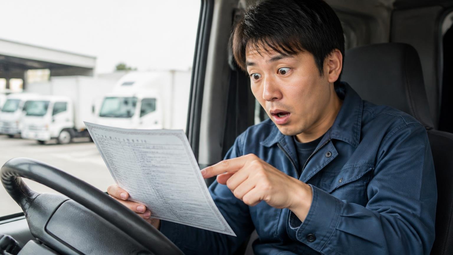 ローンが残っているトラックは車検証の所有者欄を見る 運転席で車検証の所有者欄を指差して確かめる若い男性ドライバーが驚いた表情