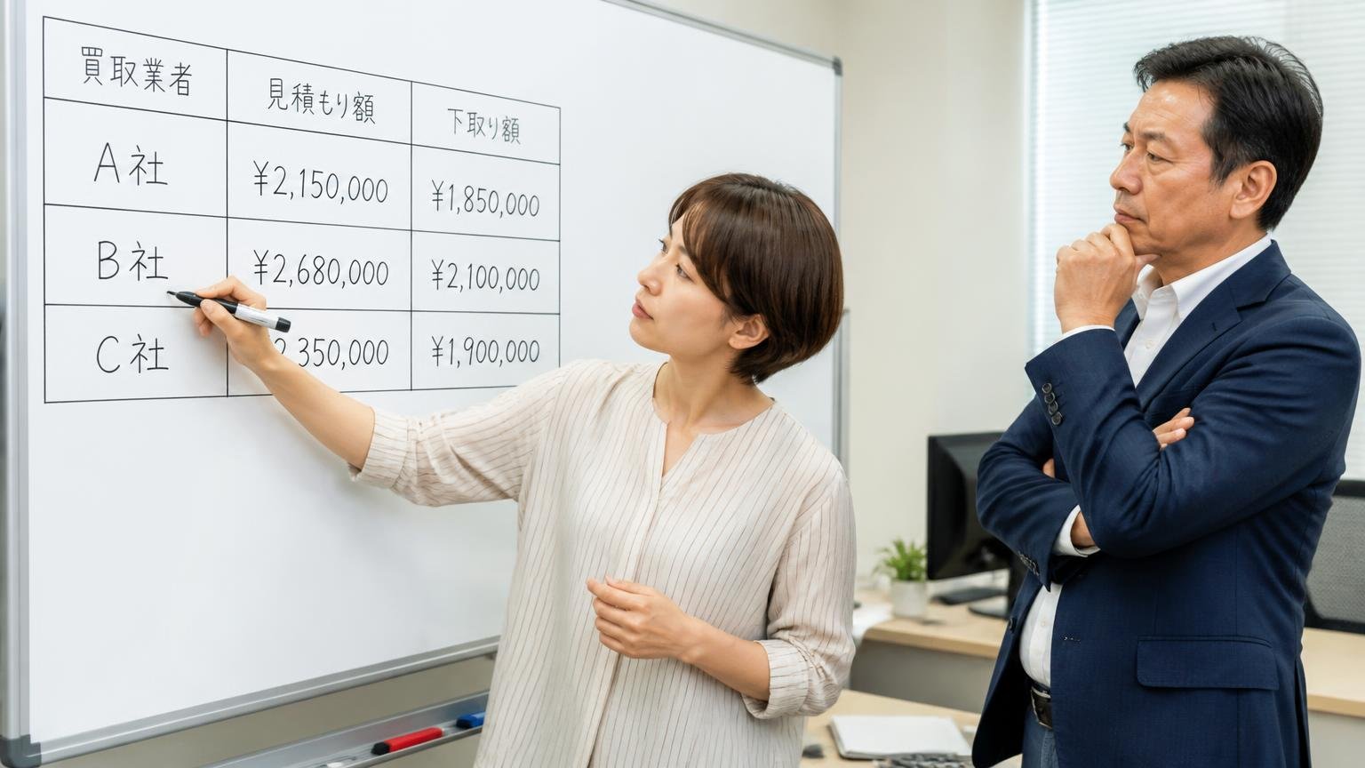 迷ったら買取業者2〜3社と下取り額を1枚の表に並べる、事務所のホワイトボードに見積もりを書き出す30代女性と腕組みする50代男性