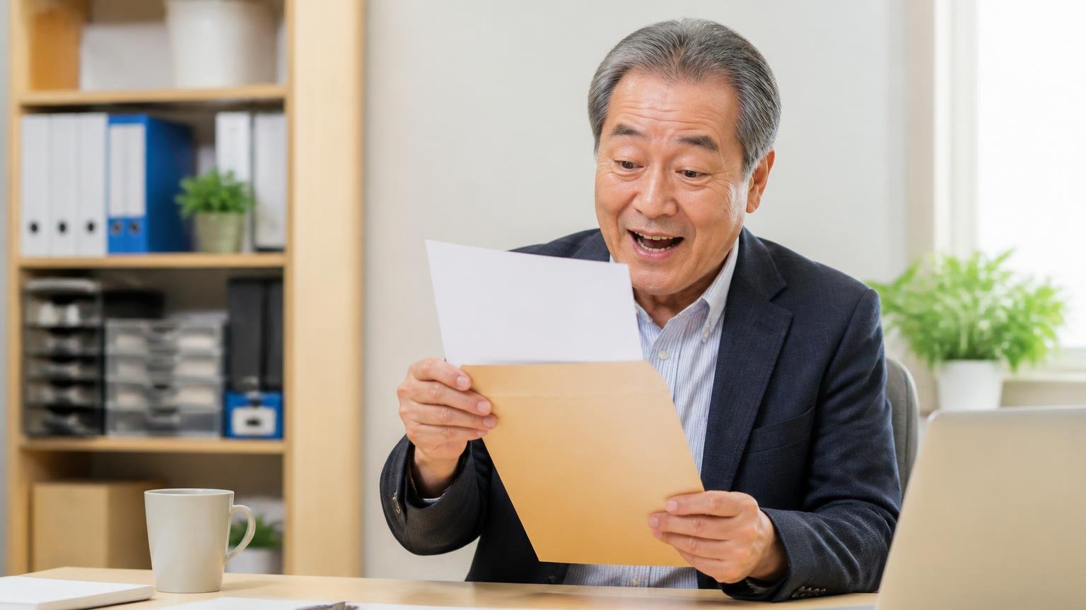 売却後は名義変更(または抹消)の完了書類を受け取る|事務所で郵便で届いた書類を開けてほっとした表情の60代男性