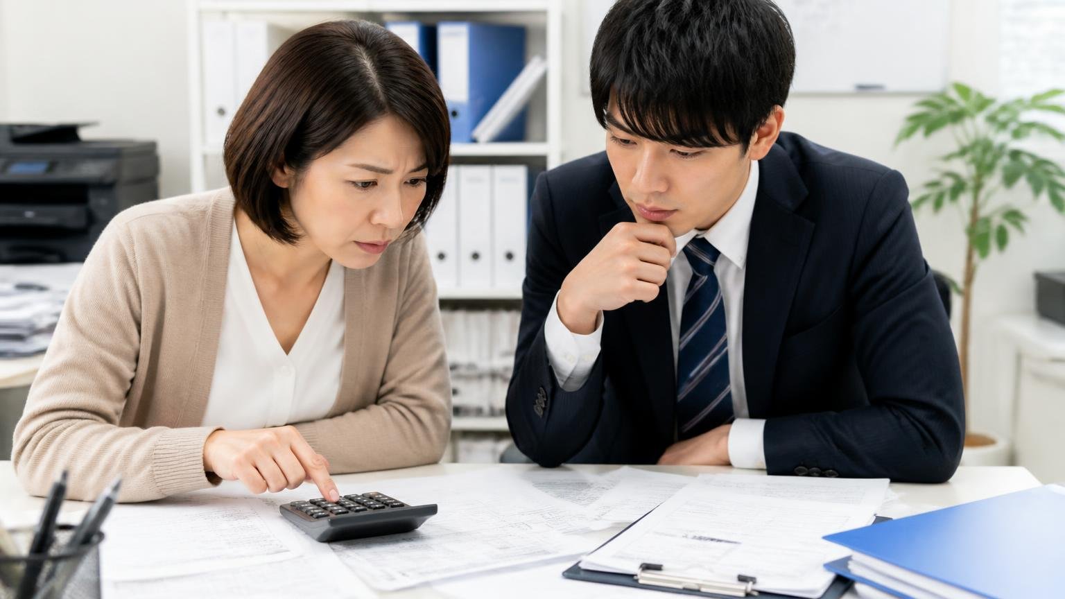 自動車税・自賠責・リサイクル料金の扱いは「業者と運輸支局に確認」。事務所で電卓と書類を並べ真剣に確認する経理担当の女性と若手社員