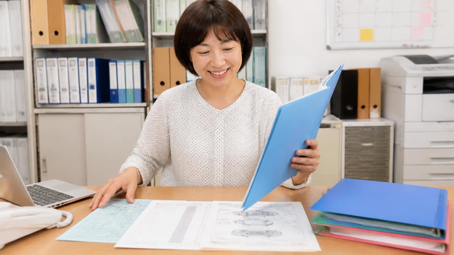 車検証・整備記録簿など書類を先にそろえておく:事務所の棚から女性事務員がファイルを取り出し、車検証や整備記録簿を机に並べてにっこりする