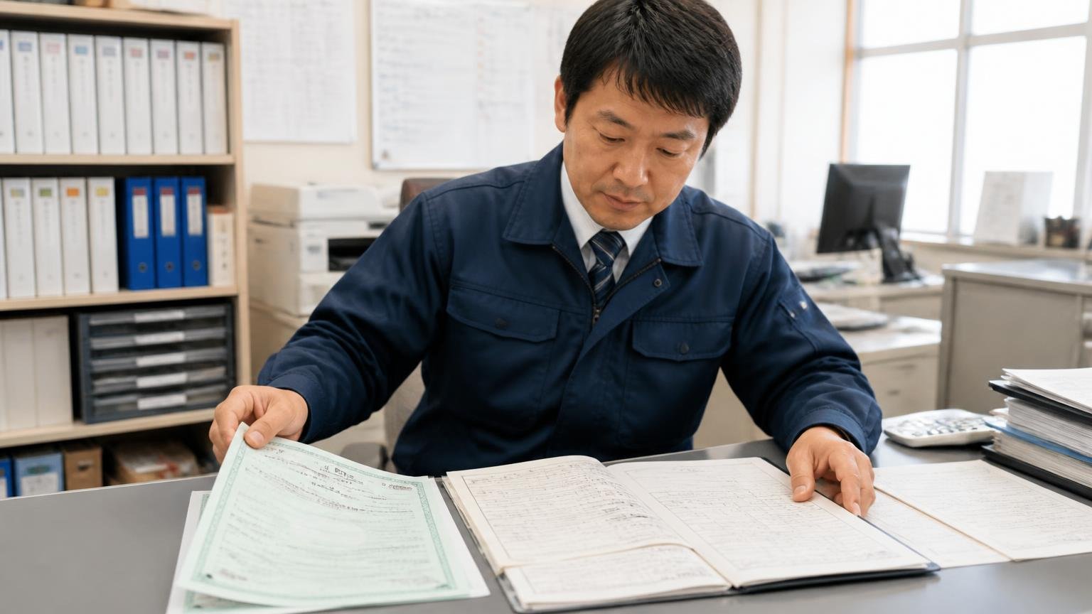 書類とアピール材料を先にそろえておく 営業所の事務所でトラックの車検証と整備記録簿を机に並べる運送会社の事務担当