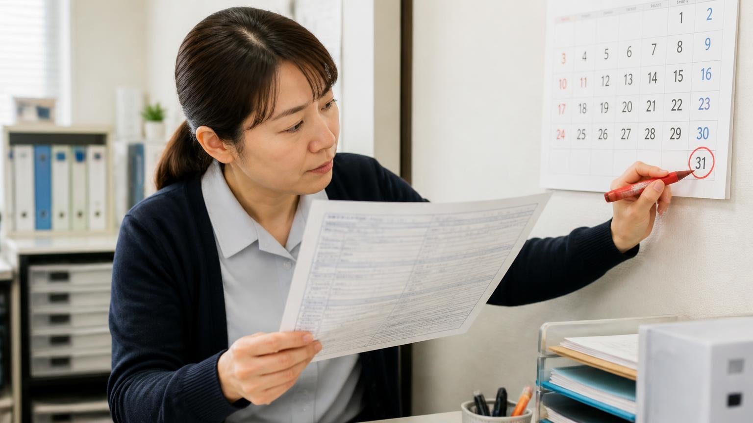 売るタイミングは車検切れ前と3月31日までを意識する、事務所の壁のカレンダーの3月末に赤丸をつけながらトラックの車検証を確認する女性事務員1人
