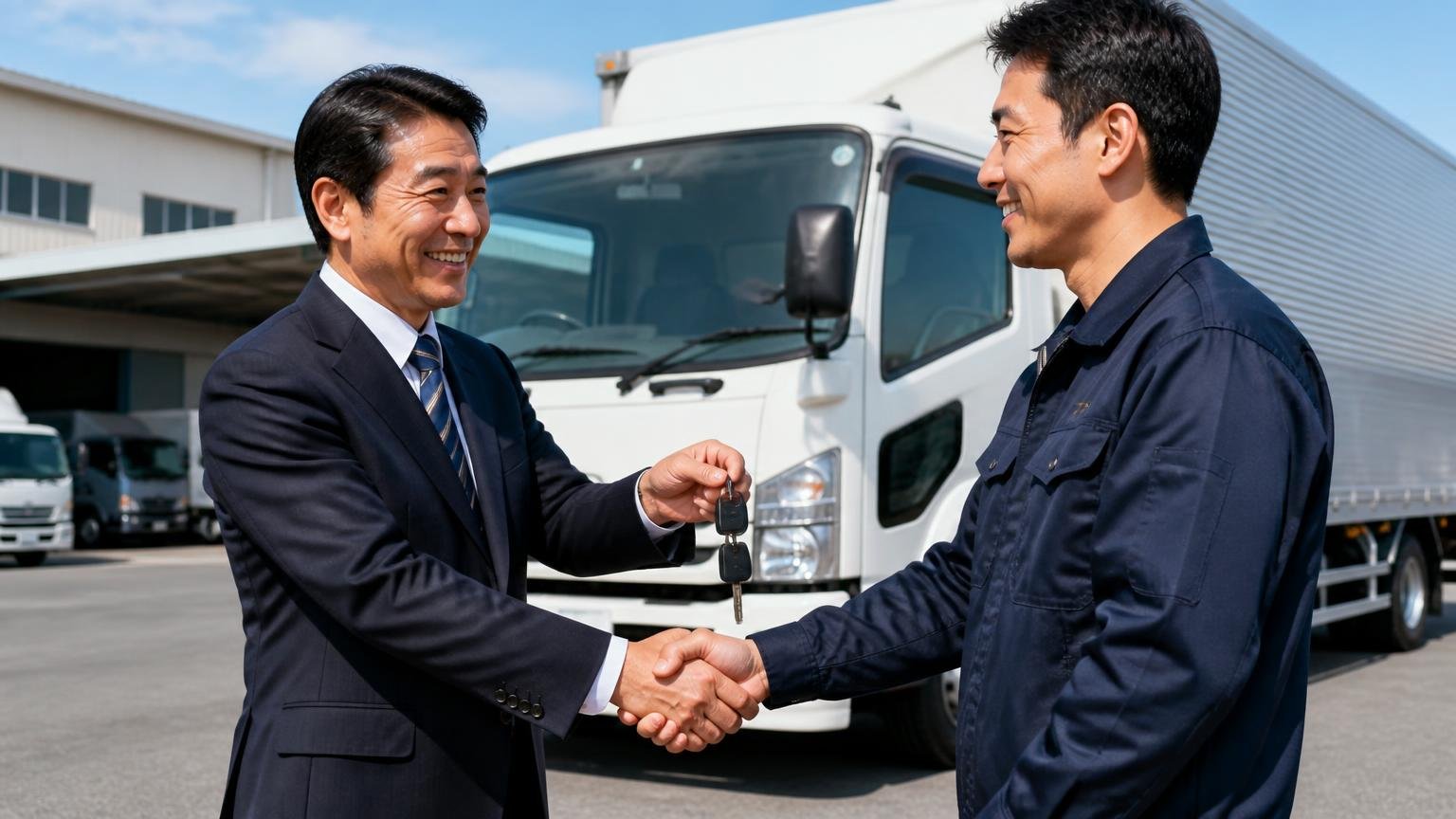 最後は対応と条件で決める 営業所の前で4tトラックの鍵を査定員に手渡し握手する運送会社の社長と査定員の2人 晴れた日の車庫