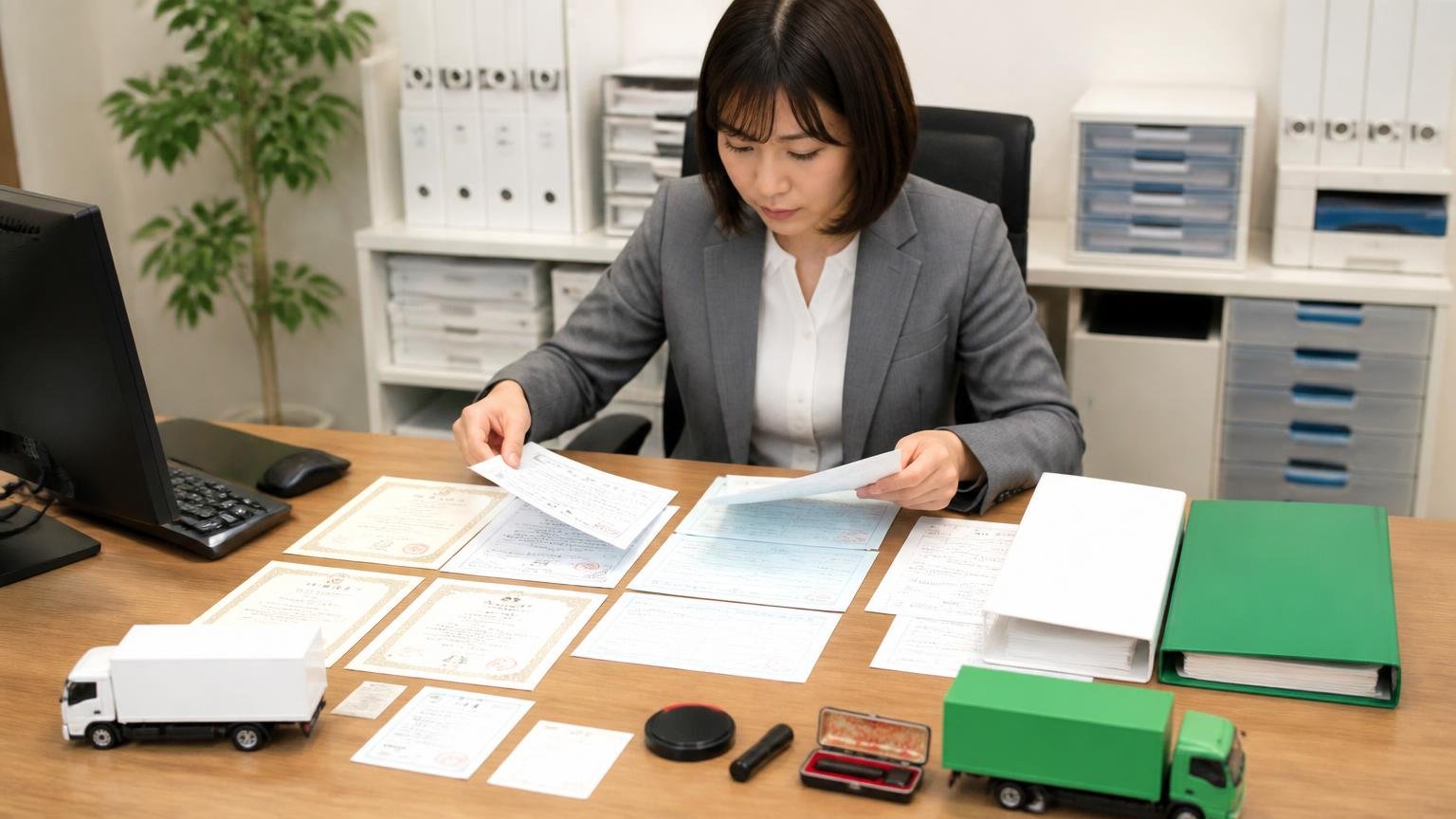 白ナンバーと緑ナンバーで変わる必要書類 事務所の机に車検証や印鑑証明書を並べてトラック売却の書類をそろえる女性事務員