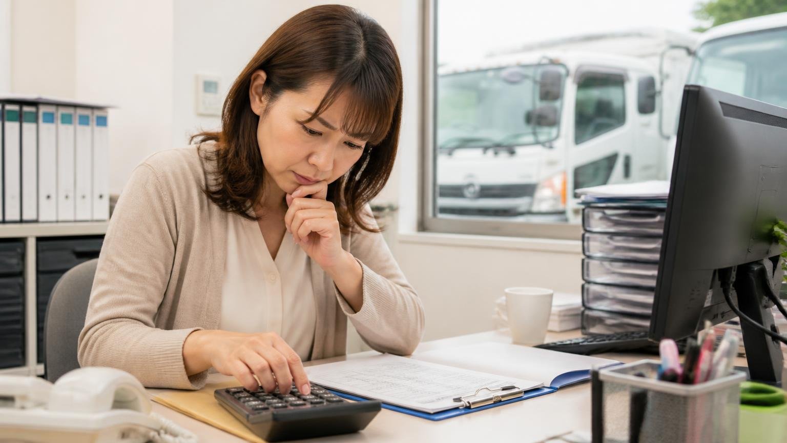 自動車税・自賠責・リサイクル料金・重量税はどうなる 事務所で電卓をたたきながらトラックの買取見積書の内訳を確かめる女性事務員