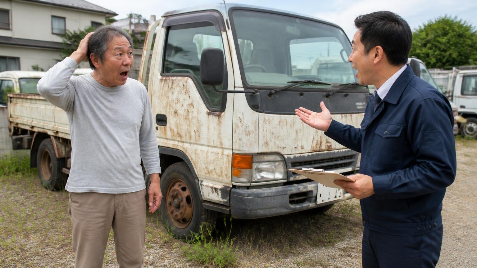 古いトラックや動かないトラックも廃車前に査定|空き地に置かれた古い2t平ボディトラックの前で驚いた表情の持ち主と査定員の2人