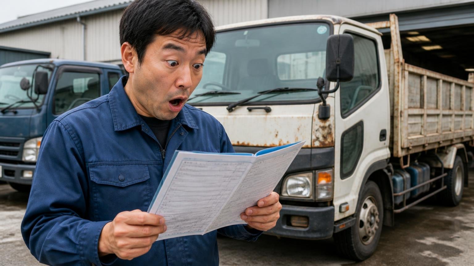 NOx・PM法に適合しない古いトラックも値がつく、営業所の車庫の古いディーゼルトラックの前で車検証を広げた男性が驚く