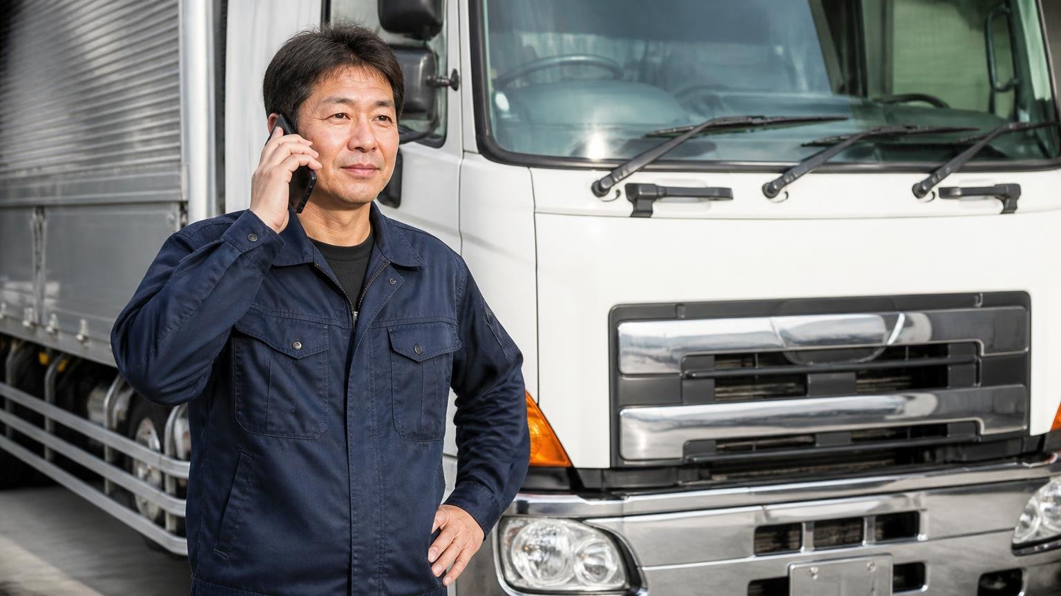 買取業者に直接依頼するのが向いている人、車庫で大型トラックの前に立ち電話で落ち着いて話す男性