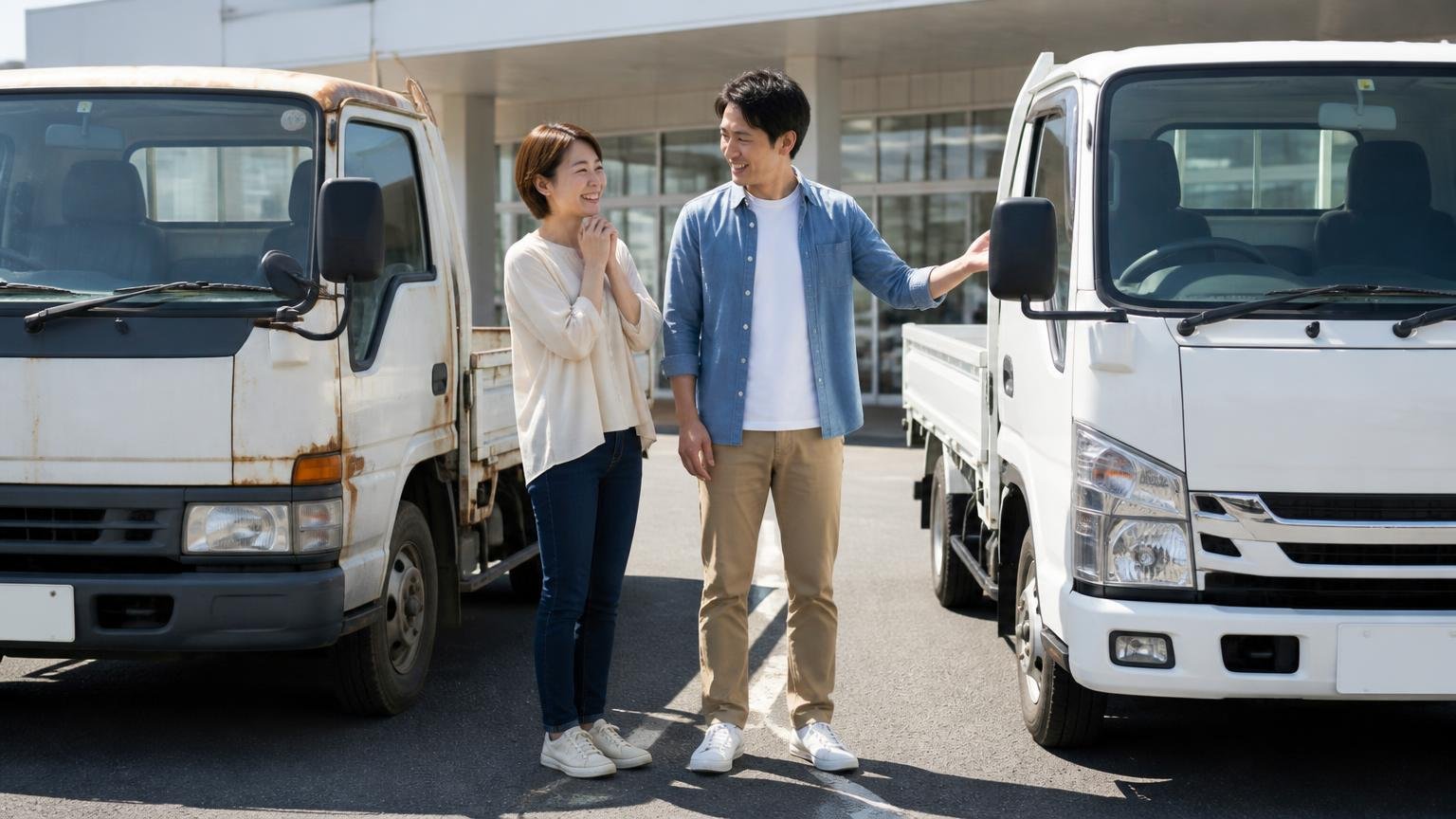 ディーラー下取りや一括査定が合理的なケース、新車の納車日にディーラーの店先で新旧のトラックを見比べる男女2人、笑顔