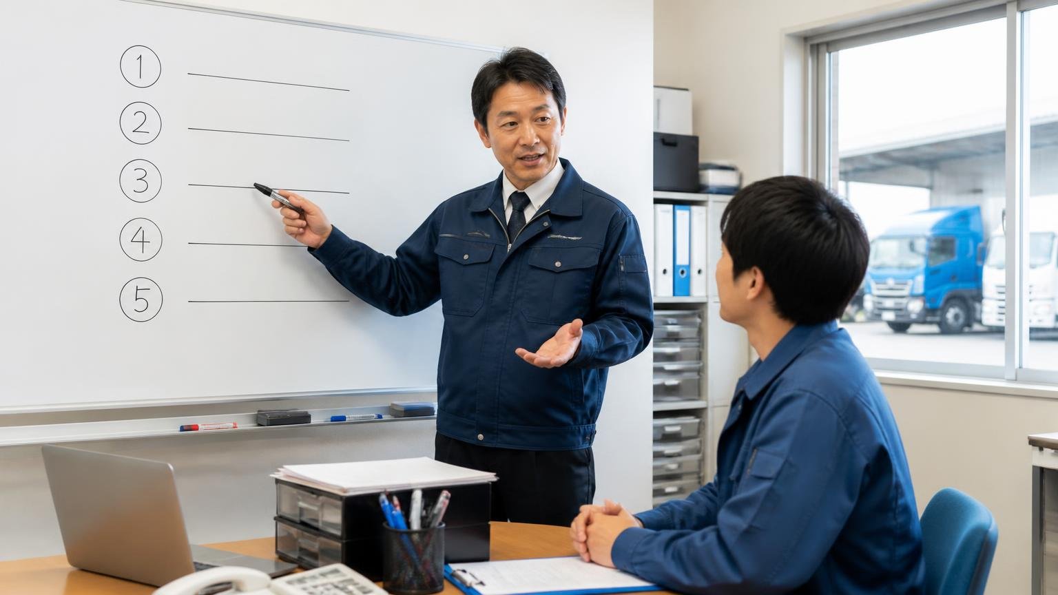 損をしない5ステップ|運送会社の事務所でホワイトボードに手順を書き説明する40代男性1人と聞く20代男性1人