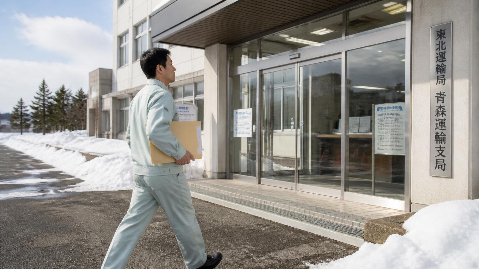 青森県の手続き窓口｜冬の運輸支局の建物前で、書類の入った封筒を抱えて入口へ向かう作業着の男性