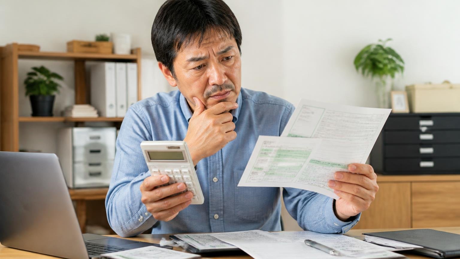 自動車税・自賠責・リサイクル料金は「売却」と「廃車」で扱いが違う|事務所で電卓と税金の通知書を手に考え込む40代男性