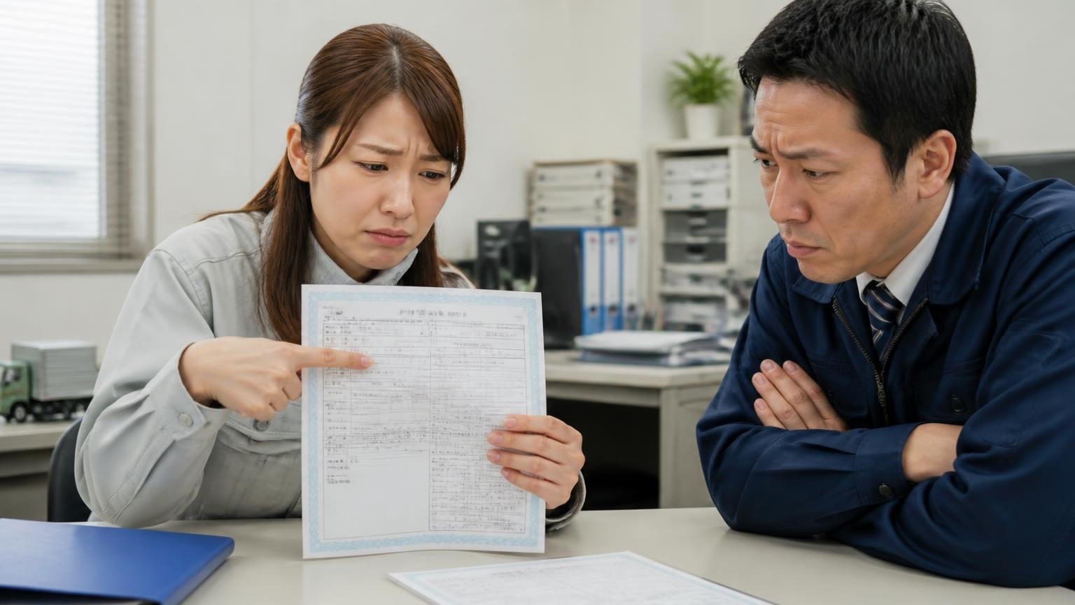 事業用（緑ナンバー）やローン中のトラックを売るとき。運送会社の事務所で車検証の所有者欄を指さし顔を曇らせる女性事務員と上司